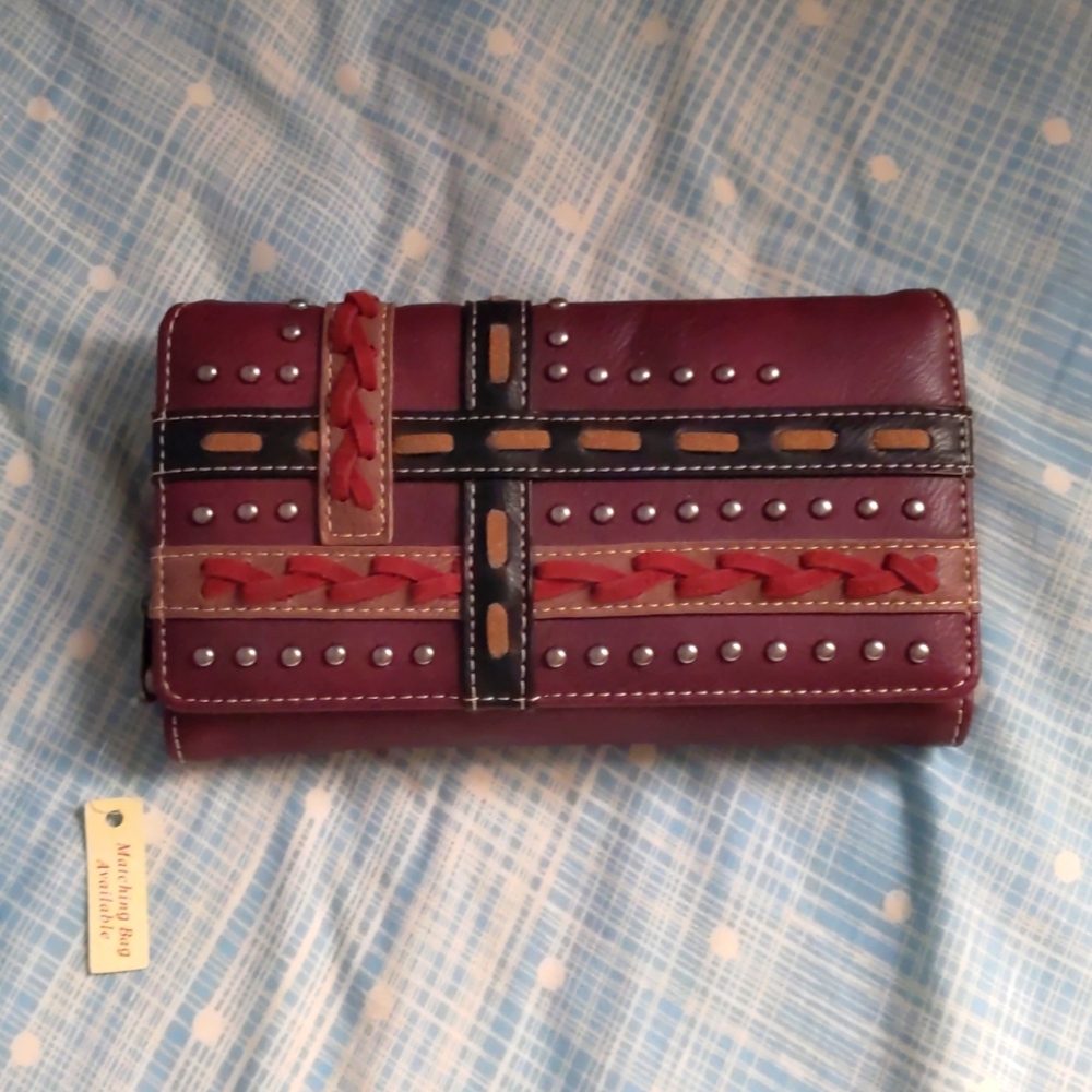 Montana West Burgundy Red, Black & Tan Studded Braided Wallet